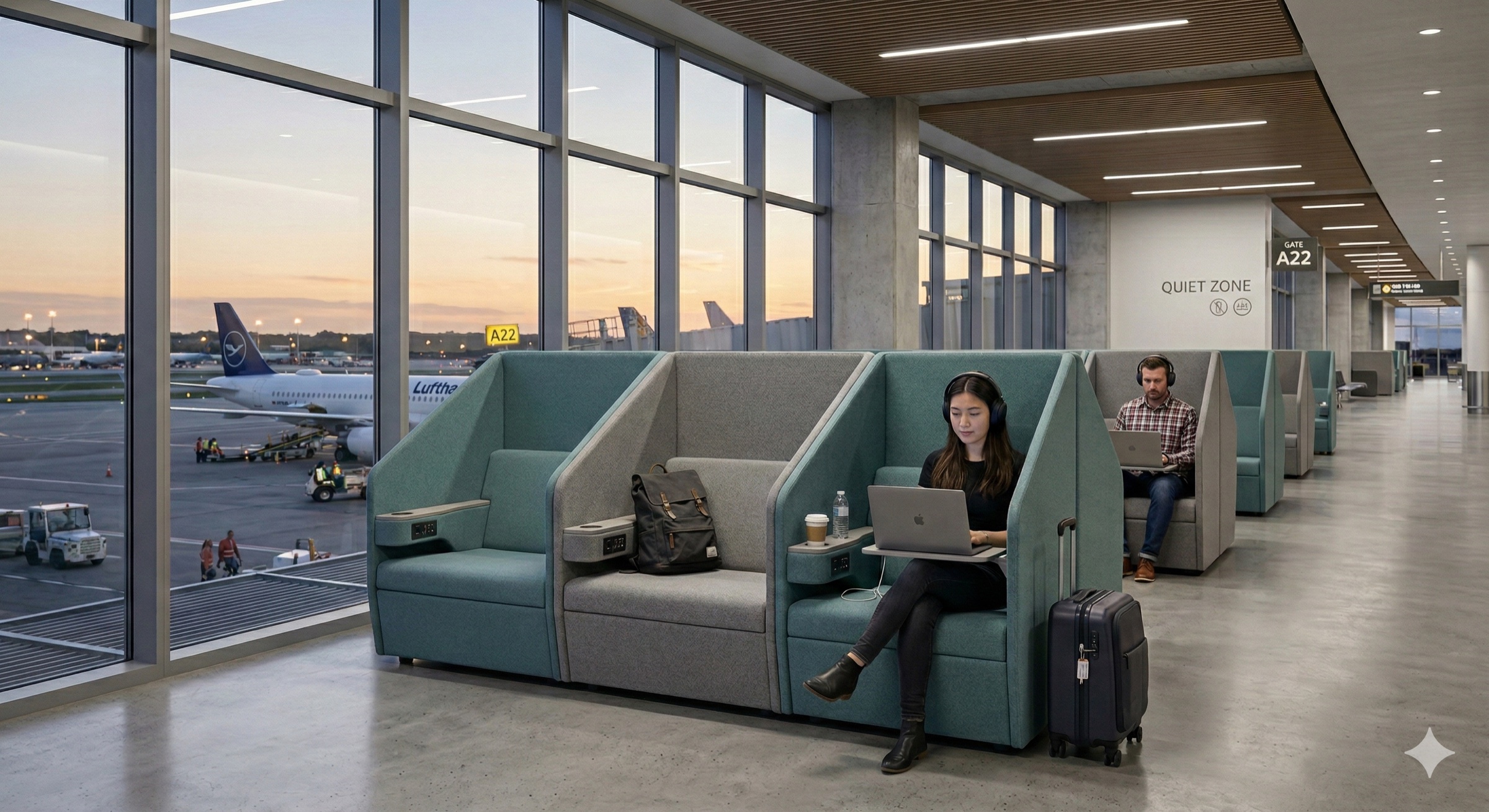Quiet Zone render: high-back modular pods angled toward the windows, each with an integrated side panel, work surface, and built-in power, under subdued lighting.